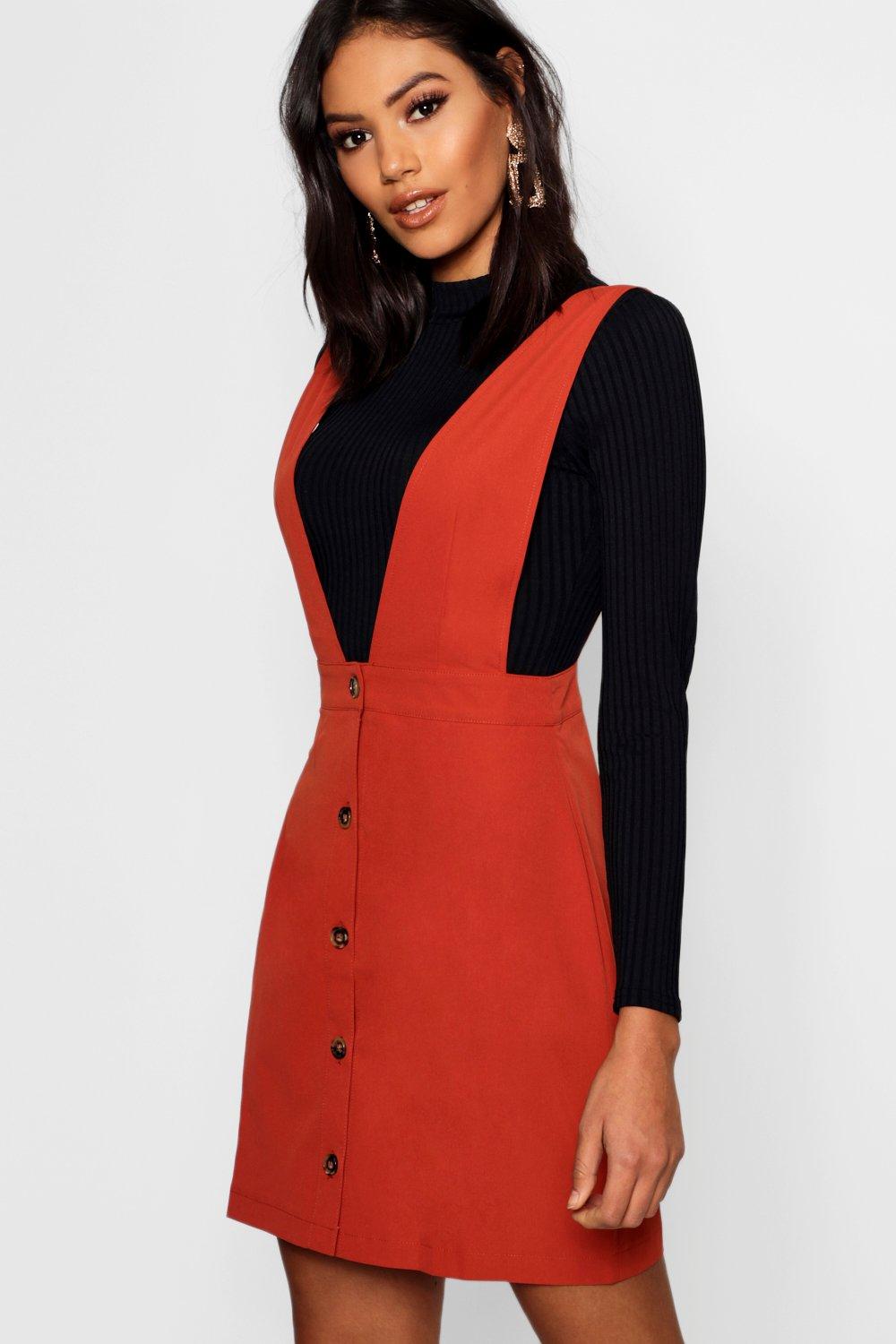 Plunge Front Button Pinafore Dress | boohoo